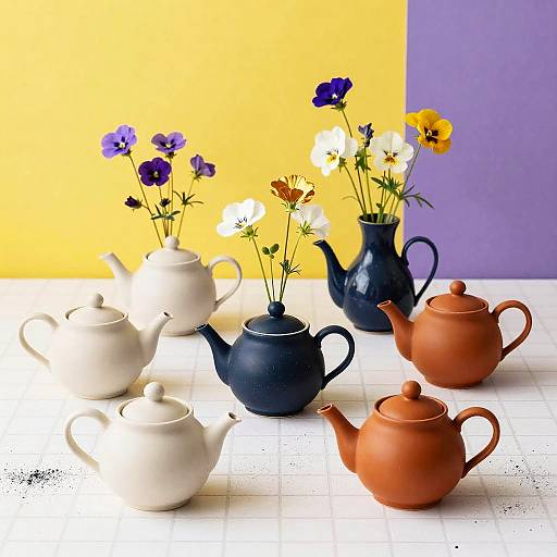 Vibrant Patterned Teapots and Wildflowers