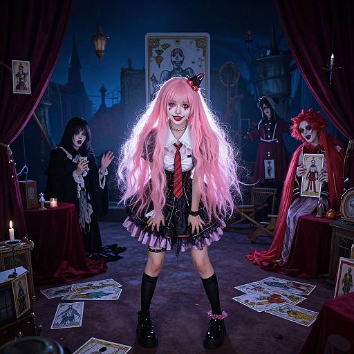 Photograph-style digital artwork: Pink-haired girl in gothic schoolgirl outfit, glowing hair, center stage, surrounded by two masked figures, dark room
