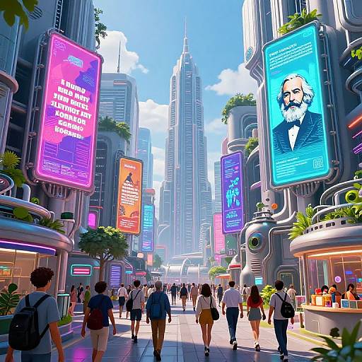 Digital art of a vibrant, futuristic city street with neon billboards, diverse pedestrians, and towering skyscrapers under a bright blue sky.
