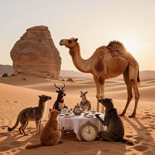 Photograph of a surreal desert scene with a camel, six anthropomorphic animals, and a table with teacups and a clock, under a sun