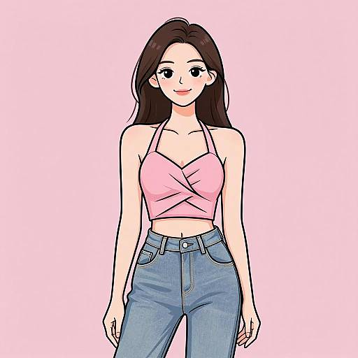 Digital anime-style drawing of a young woman with long brown hair, wearing a pink cross-strap top and blue high-waisted jeans, against a