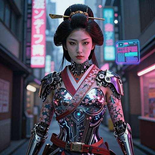 Cyberpunk-style digital artwork of an Asian woman with metallic armor, traditional Japanese hair accessories, and neon-lit urban background.