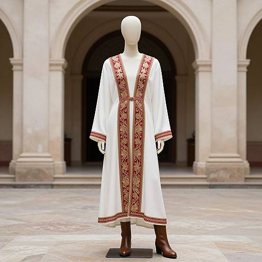 Photograph of a faceless mannequin wearing a long, white, ornately embroidered robe with red patterns, standing in an arched stone courtyard