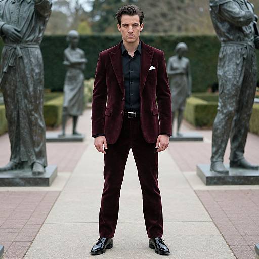 Photograph of a tall, handsome man in a dark burgundy velvet suit, black shirt, and shiny black shoes, standing in a garden with statues
