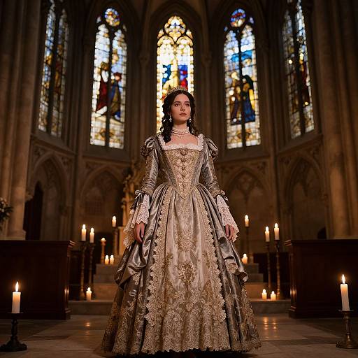 Photograph of a woman in a lavish, gold-embroidered Renaissance-style gown, standing in a dimly lit, candlelit cathedral with orn