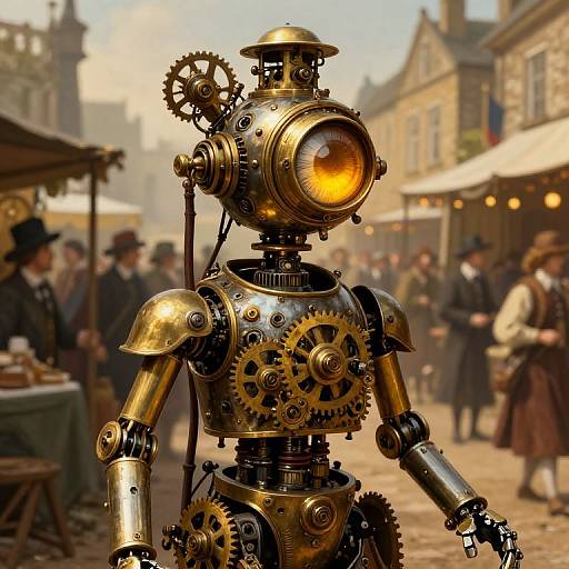 Steampunk robot with brass gears and glowing orange eye in a bustling, Victorian-era street market, blurred people and market stalls in background. Photoreal