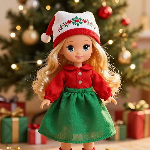 Photograph of a blonde doll with blue eyes, wearing a red blouse, green skirt, and Santa hat, standing in front of a decorated Christmas tree