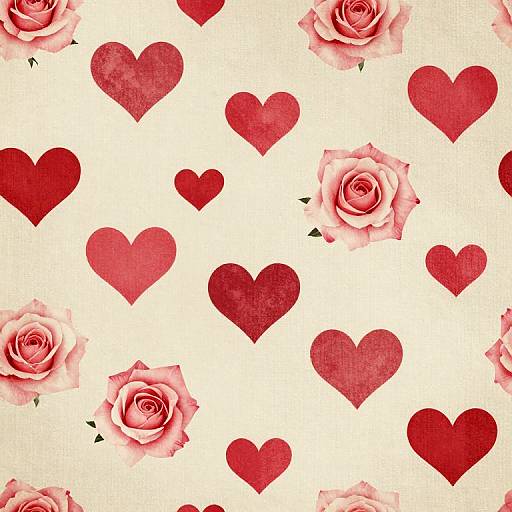 Pattern of red hearts and pink roses on a white background, with textured, watercolor-style roses and solid red hearts.