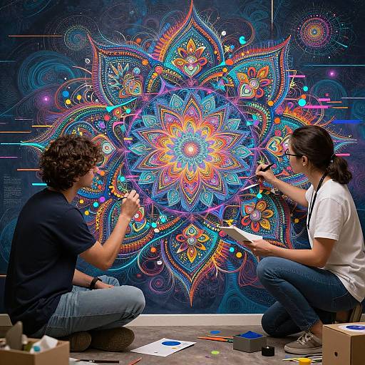 Photograph of two artists, one male with curly hair, one female with straight hair, creating a vibrant, neon mandala on a dark background.
