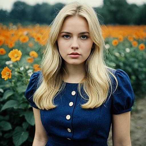 Blonde in Navy Blue Dress Outdoors