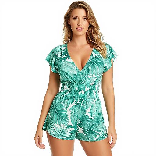 Tropical Chic Woman in Palm Leaf Romper