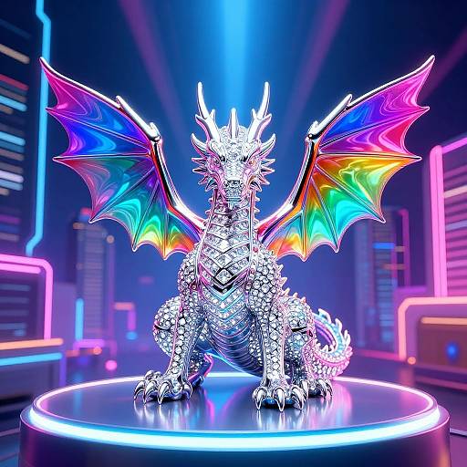 Digital artwork of a metallic, rainbow-colored dragon with neon wings, seated on a glowing circular platform in a futuristic, neon-lit cityscape.
