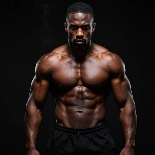 Photograph of a muscular, dark-skinned, shirtless Black man with defined abs, glistening skin, short-cropped hair, and intense gaze