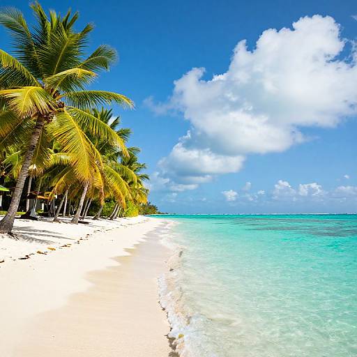 Photograph of a tropical beach with white sand, turquoise water, yellow palm trees, and a bright blue sky with fluffy white clouds.
