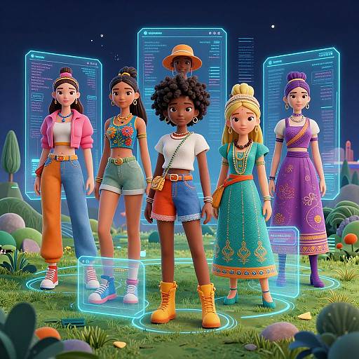 Digital 3D artwork of five diverse girls in colorful outfits, standing on glowing circles, with futuristic blue holographic screens in a vibrant, starry