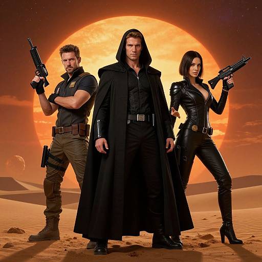 Photograph-style CGI: Three action heroes in black outfits stand back-to-back under a giant orange sun in a desert; two hold guns, one in