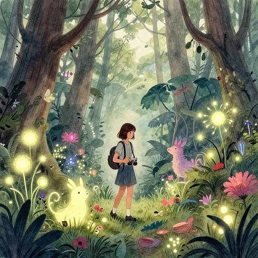 Digital anime-style forest scene: Brown-haired girl in blue dress and backpack, surrounded by glowing fireflies, colorful flowers, and a pink fairy-like creature