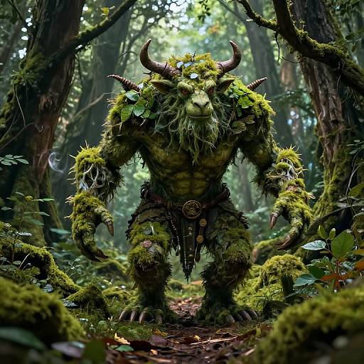 Photorealistic CGI of a muscular, green, horned ogre covered in moss and vines, standing in a dense, sunlit forest.