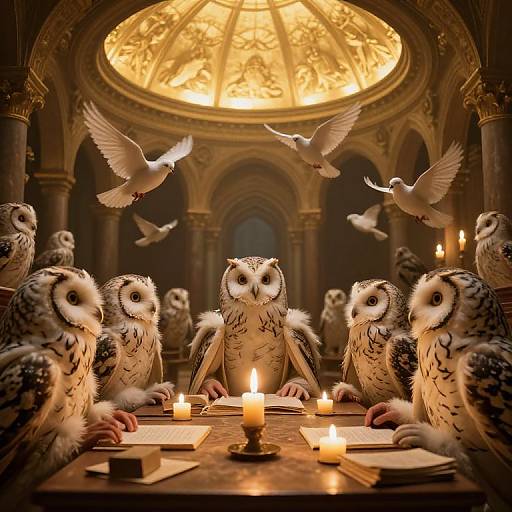 Photograph of anthropomorphic owls in a dimly lit, ornate room with a glowing dome, surrounded by candles, and three flying doves