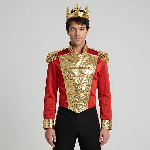 Photograph of a young man with dark hair, wearing a gold-crowned, red and gold military-style jacket with black pants, standing against a white
