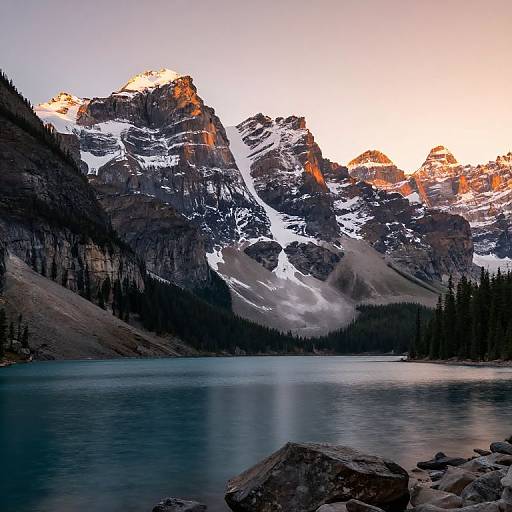 Photograph of a serene mountain lake at sunset, with snow-capped peaks glowing orange, surrounded by dark evergreen trees, reflecting in calm water.