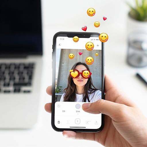 Photograph of a hand holding a smartphone displaying a woman with long brown hair, adorned with heart and smiley face emojis on the screen. Background features