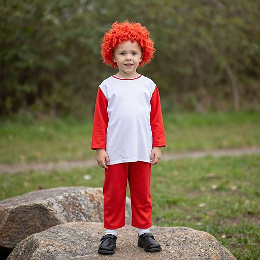 Photograph of a young boy with bright red curly hair, wearing a white and red shirt, red pants, and black shoes, standing on a rock