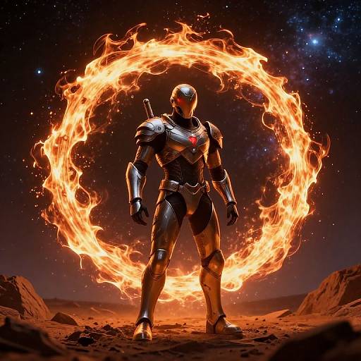 Digital artwork of a robotic superhero standing on a rocky desert, surrounded by a circular fire ring against a starry night sky.