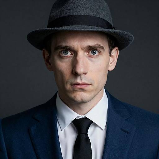 Mysterious Man in Gray Hat and Blue Suit