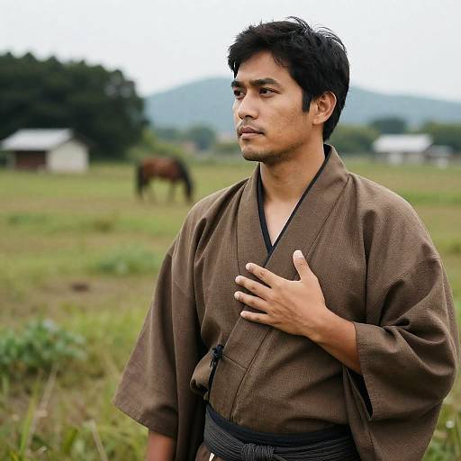 Relaxed Man in Brown Kimono Outdoors