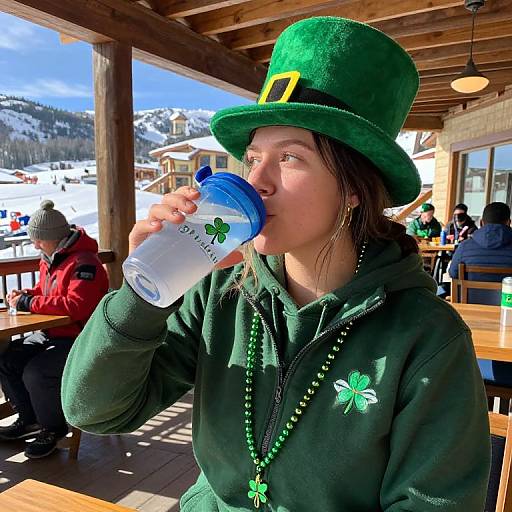Photograph of a woman in a green top hat and hoodie, drinking from a blue-capped water bottle, wearing a shamrock necklace, at a