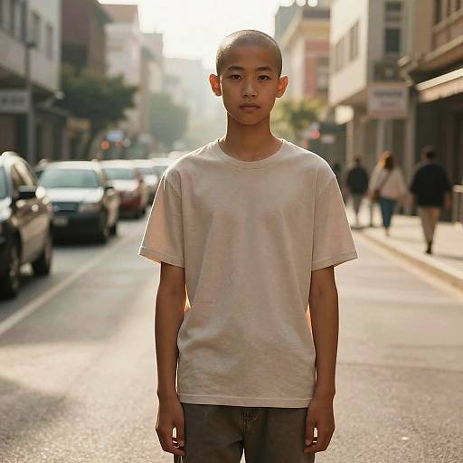 Shaved Head Boy in Sunlit Urban Street