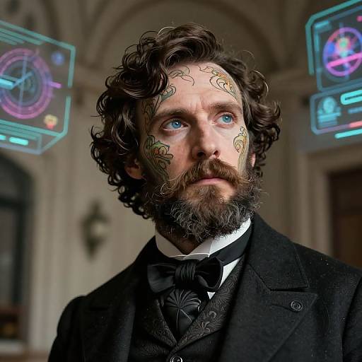 Photograph-style CGI of a curly-haired, bearded man with blue eyes, adorned with intricate tattoos, wearing a black Victorian suit, and looking up