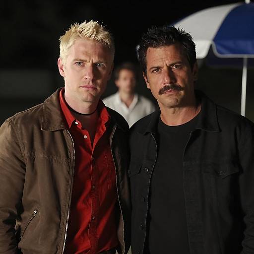 Two men standing closely together outdoors at night