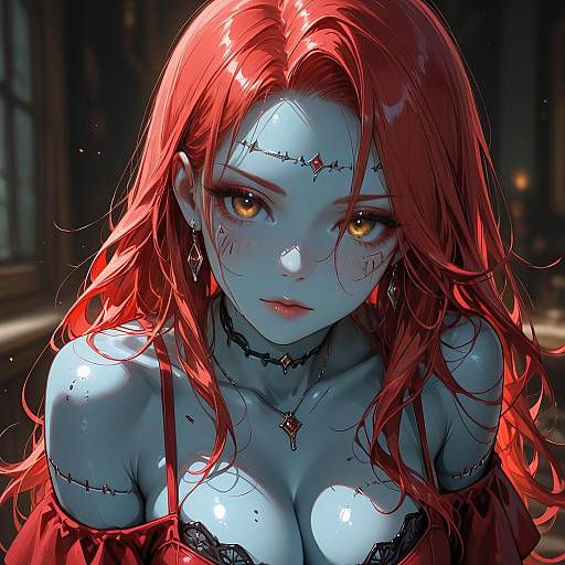 Anime Style Red-Haired Blue Skinned Female with Yellow Eyes