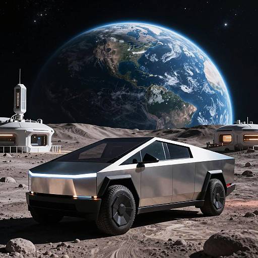 Photorealistic CGI: Futuristic silver SUV with black accents on rocky lunar surface, large Earth in background, space station to the left.