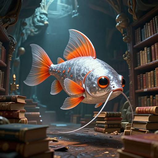 Photorealistic CGI of a glowing, metallic silver fish with vibrant orange fins, swimming in a dim, cluttered library filled with books.