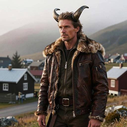 Man with Viking Hairstyle in Fur-Lined Leather Jacket