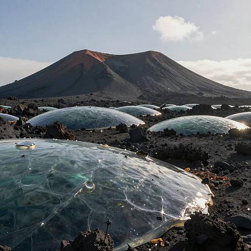 Photograph of a volcanic landscape with a large, dark brown mountain in the background and several translucent, dome-shaped geodesic structures in the foreground,