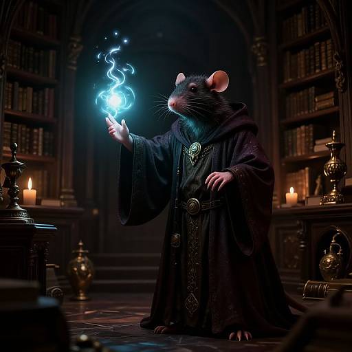 Digital artwork of a black rat in a dark, ornate wizard robe, conjuring blue ethereal flames in a dimly lit, candlelit library