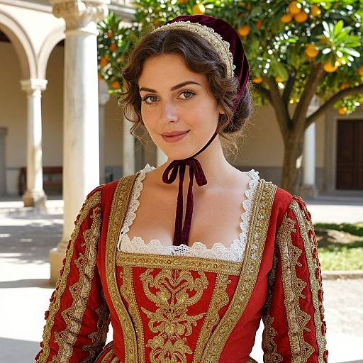 Photograph of a young woman with fair skin and dark brown hair, wearing an ornate red and gold Renaissance-style dress with lace trim, black ribbon