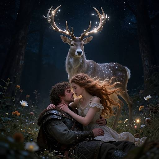 Fantastical nighttime forest scene: a knight in armor kisses a fair maiden with flowing red hair, a glowing deer with antlers stands behind them amidst