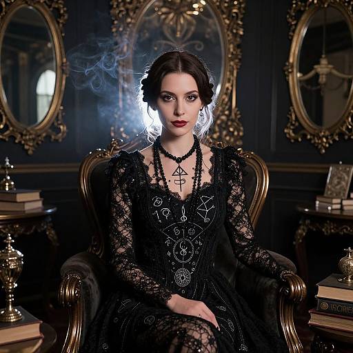Photograph of a pale-skinned woman with dark hair, red lipstick, black lace dress, gothic necklace, sitting in ornate, dark room