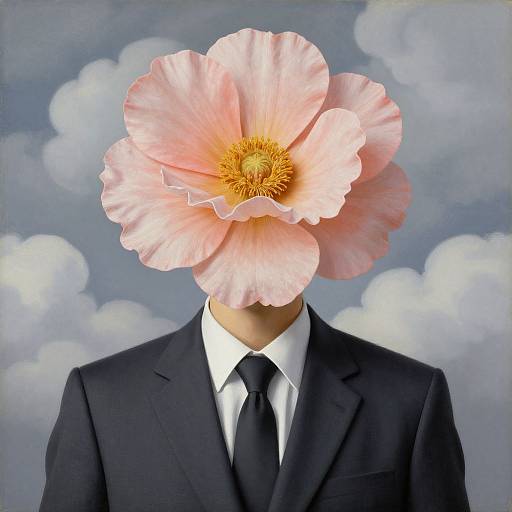 Photograph of a person in a black suit and tie, head replaced by a large pink peony flower with yellow center, against a cloudy blue sky