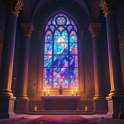 Photograph of a dimly lit, Gothic-style church interior featuring a vibrant, multi-colored stained glass window and lit candles on an altar.