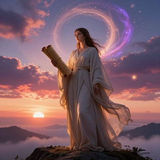 Digital artwork of a serene, long-haired woman in a flowing white robe, holding a scroll, against a vibrant sunset sky with a glowing, ethereal