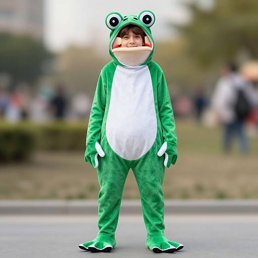 Photograph of a child in a green frog costume with white belly, standing on a street, blurred crowd and greenery in background. Costume has frog