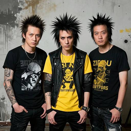 Photograph of three Asian men with spiked black hair, wearing black and yellow band tees, leather jackets, and tattoos, standing against a textured,