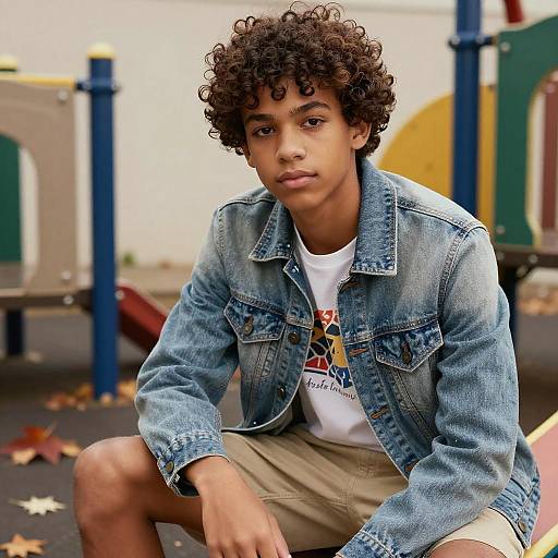 Photograph of a young, curly-haired boy with medium brown skin, wearing a blue denim jacket and beige shorts, sitting on a playground bench amidst autumn