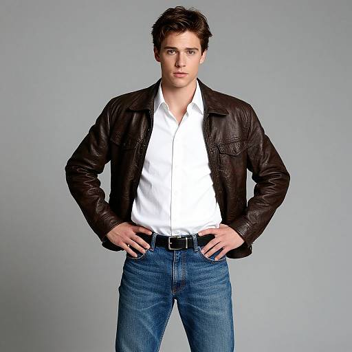 Photograph of a handsome, young white man with short, dark hair, wearing a black leather jacket, white shirt, blue jeans, and black belt